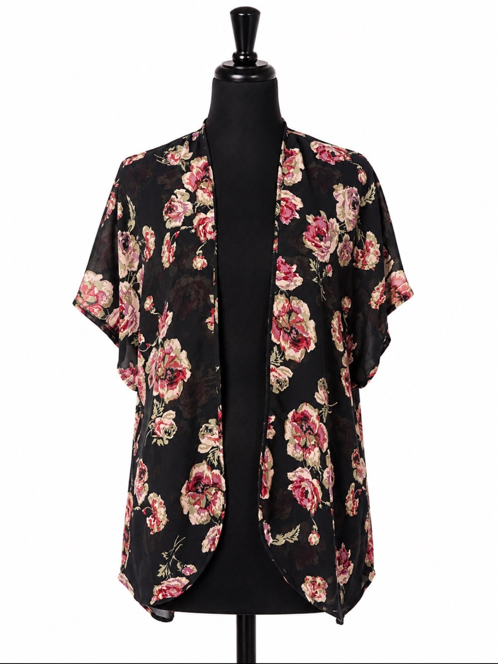 Floral Sheer Kimono Cover-Up - Black with Pink Floral
